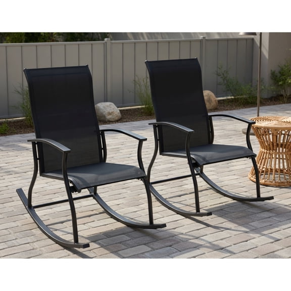 Yardi Yard 2 Pieces Outdoor Rocking Chairs with Breathable Backrest, Patio Furniture Chair, Balcony Porch Adult Rocking Chair-Black