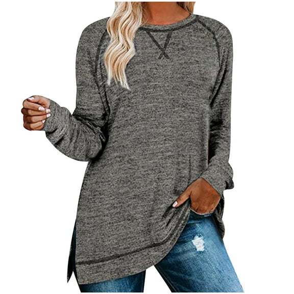 Scyoekwg Classic Solid Color Womens Long Sleeve Tunic Tops Trendy Crewneck Going Out Tops Casual Lightweight Dressy Blouses Loose Pullover (Dark Gray,M)
