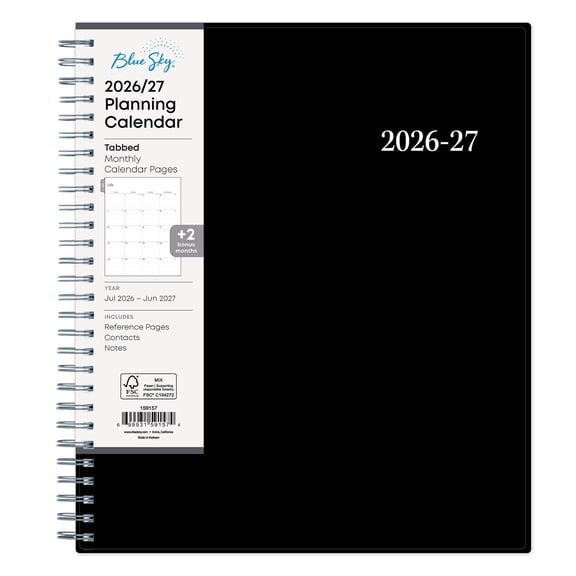Blue Sky 2026-2027 Monthly Academic Year Planner Calendar, July 2026 - June 2027, 8" x 10", Monthly Layout, Flexible Cover, Wirebound, Laminated Tabs, Enterprise