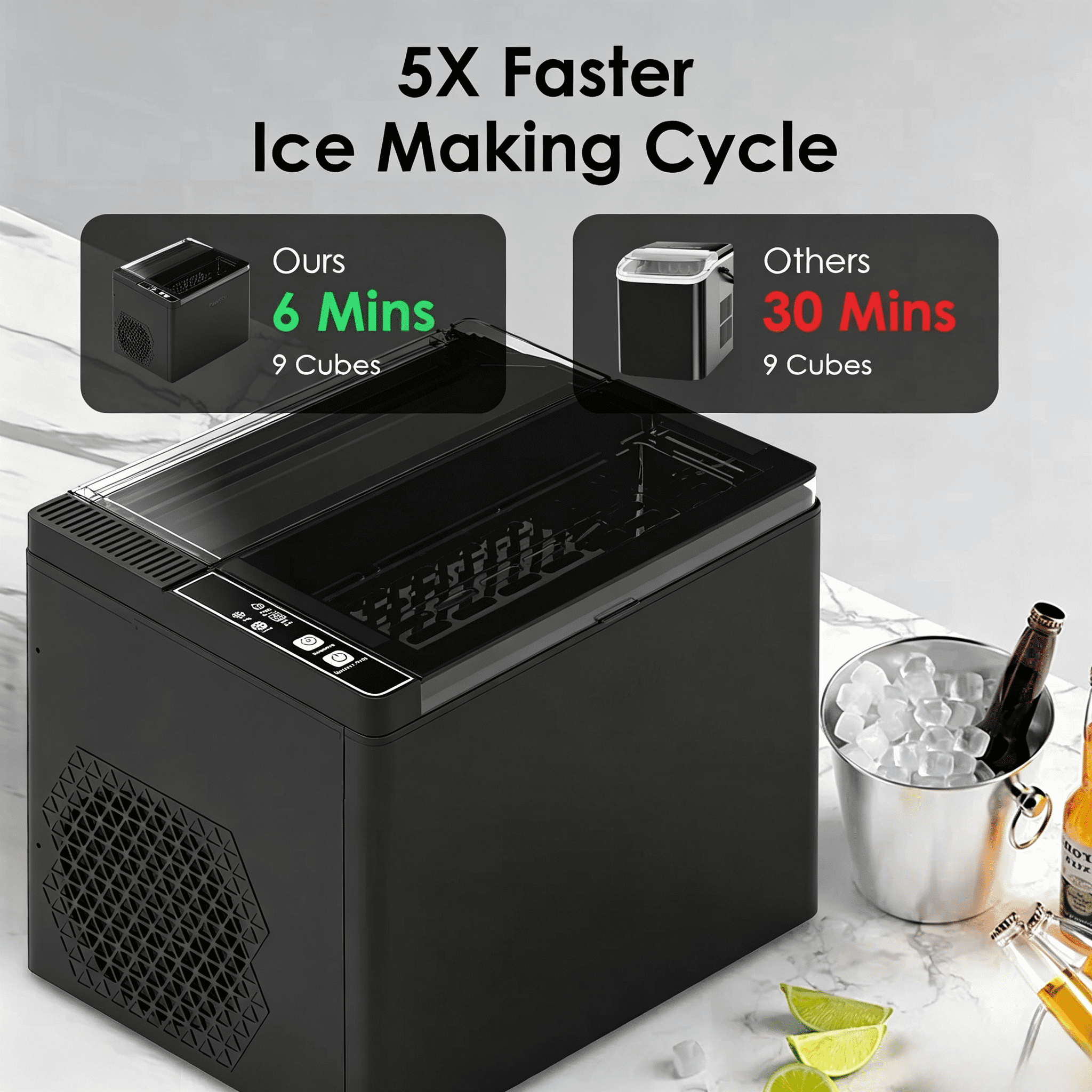 Bullet Ice Maker Machine Countertop, Makes 9 Bullet-Shaped Ice Cubes in 6 Mins 26 Lbs Daily Output 1.6L Water Tank Self-Cleaning Ultra-Quiet Portable Ice Maker for Home Kitchen Office RV Bar