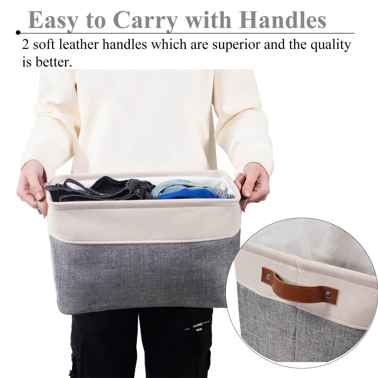 WEHUSE Large Cloth Storage Baskets for Shelf, Collapsible Fabric Closet Storage Bins with Leather Handles, Grey 15.8 L x 12 W x 10 H Inch