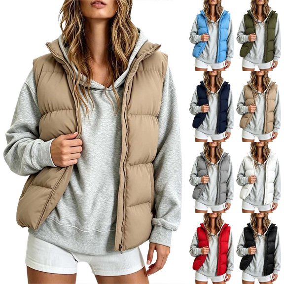 Puffer Vest for Women Stand Collar Solid Color Sleeveless Zip Up Quilted Jacket with Pockets Casual Cotton Outerwear for Winter Travel
