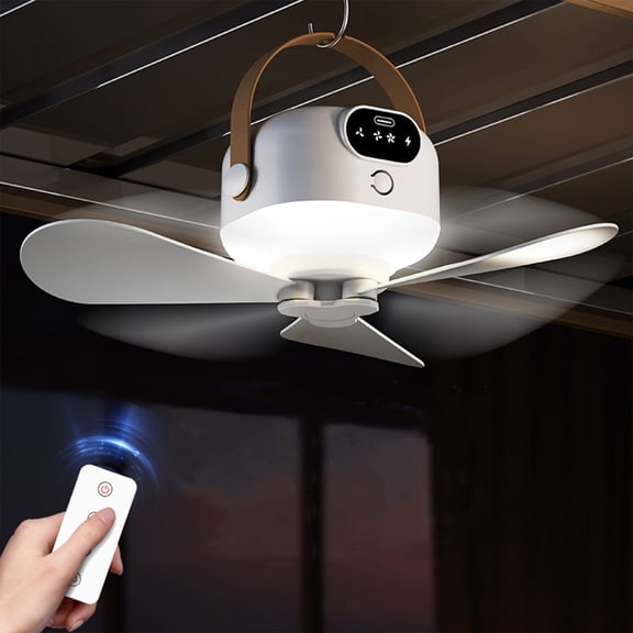 Portable Rechargeable Ceiling Fan 3.62x3.24 Inch, Mini USB Tent Fan with Remote Control for Camping Hanging Outdoor Use, White