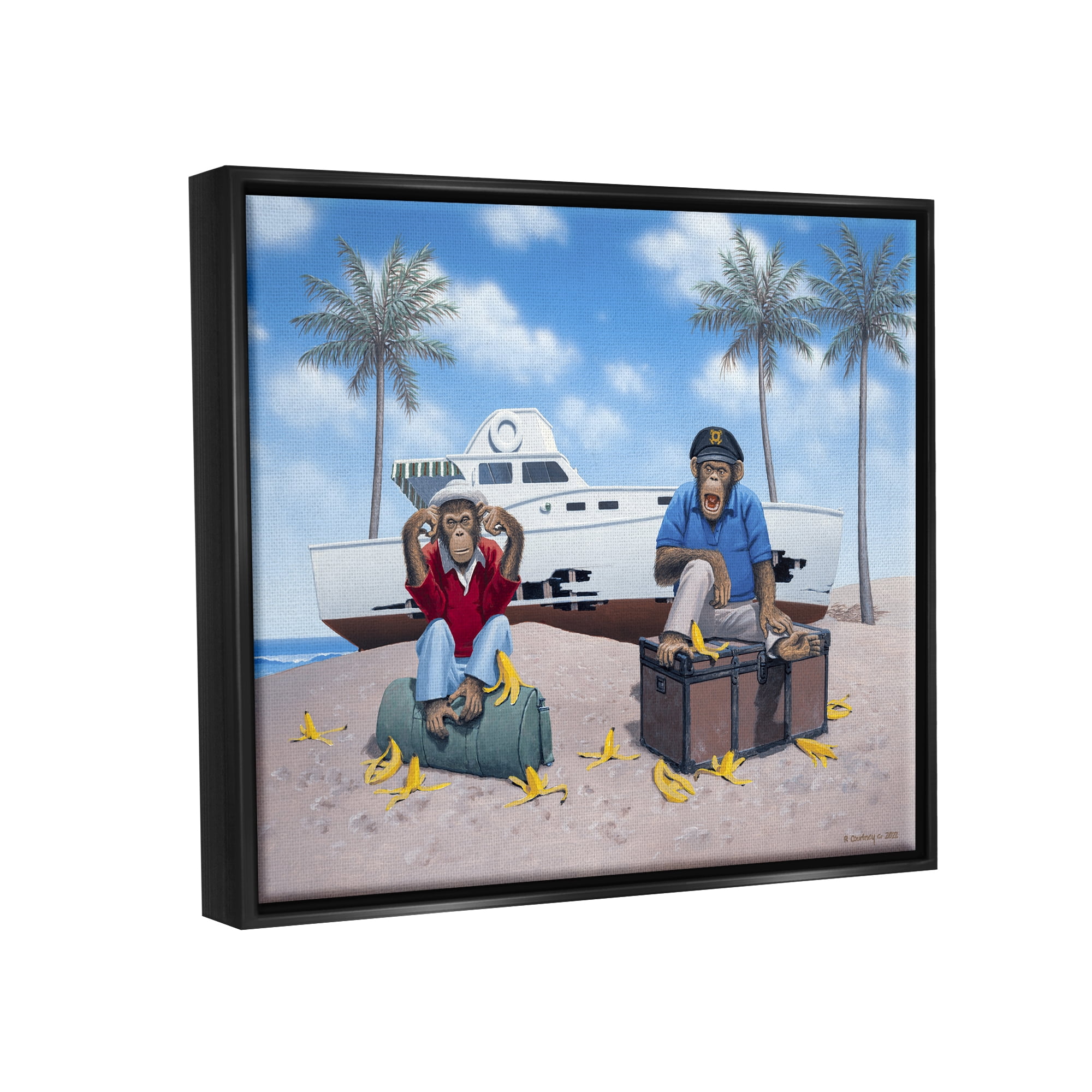 Stupell Industries Chimps & Yacht on Beach Animals & Insects Painting Black Floater Framed Art Print Wall Art, 31 x 25