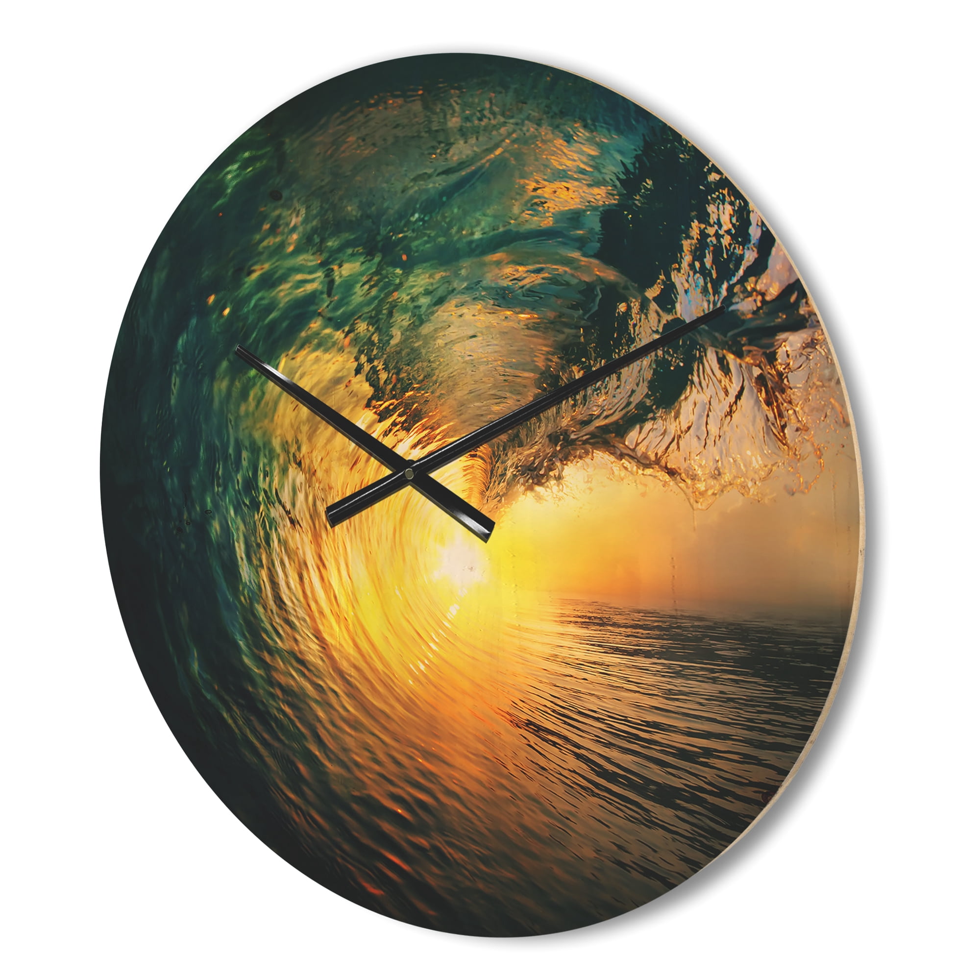 Designart 'Colored Ocean Waves Falling Down At Sunset VI' Coastal Wood Wall Clock