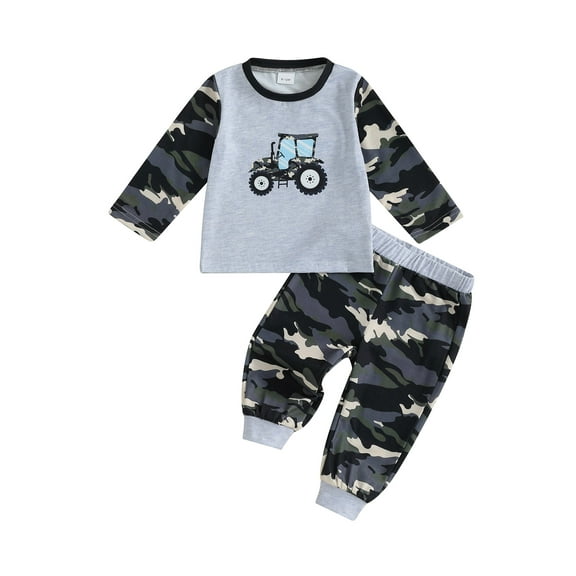 Miaouyo Toddler Baby Boy Fall Outfit 6 12 18 24 Months 2t 3t 4t Tractor Print Long Sleeve T-shirts Camo Elastic Waist Pants 2 Piece Set