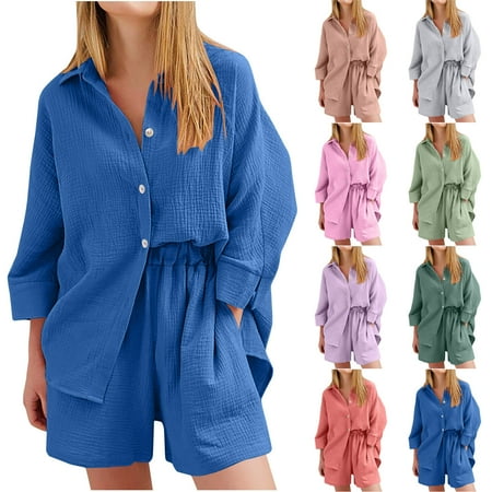 Feancey Womens Button Down Shorts Set Loose Fit Casual Long Sleeve Shirt and Short Pants Two Piece Sets Summer Solid Color Loose Lounge Travel Outfits Summer Sale Purple L