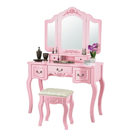 Pink Butterfly Stool - Fineboard Beauty Station Makeup Table and Wooden Stool Set with Mirrors and Organization Drawer, Pink