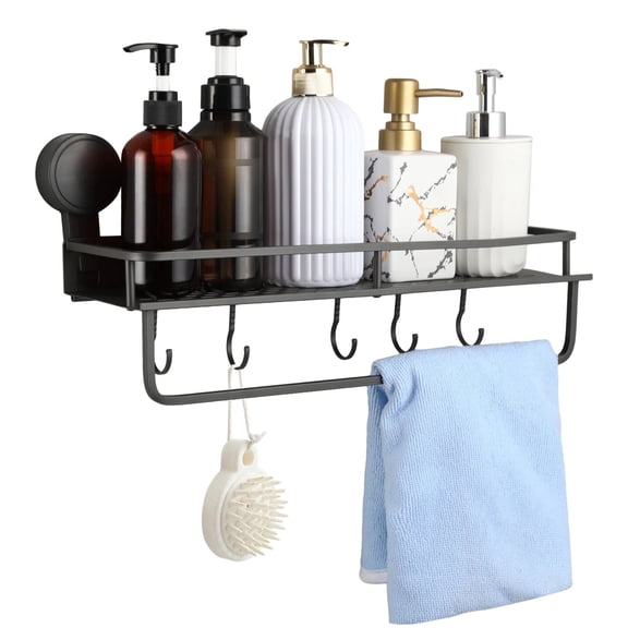 Suction Cup Shower Caddy, Wall Mounted Hanging Shower Shelf Bathroom Organizers and Storage, No Drilling Stainless Shower Shelves with Towel Bar and Hooks for Bathroom Shower Kitchen