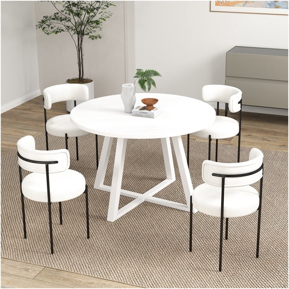 White 5-Piece Round Dining Set with Trestle Table and 4 Boucle Fabric Chairs, Modern Kitchen Dining Room Furniture