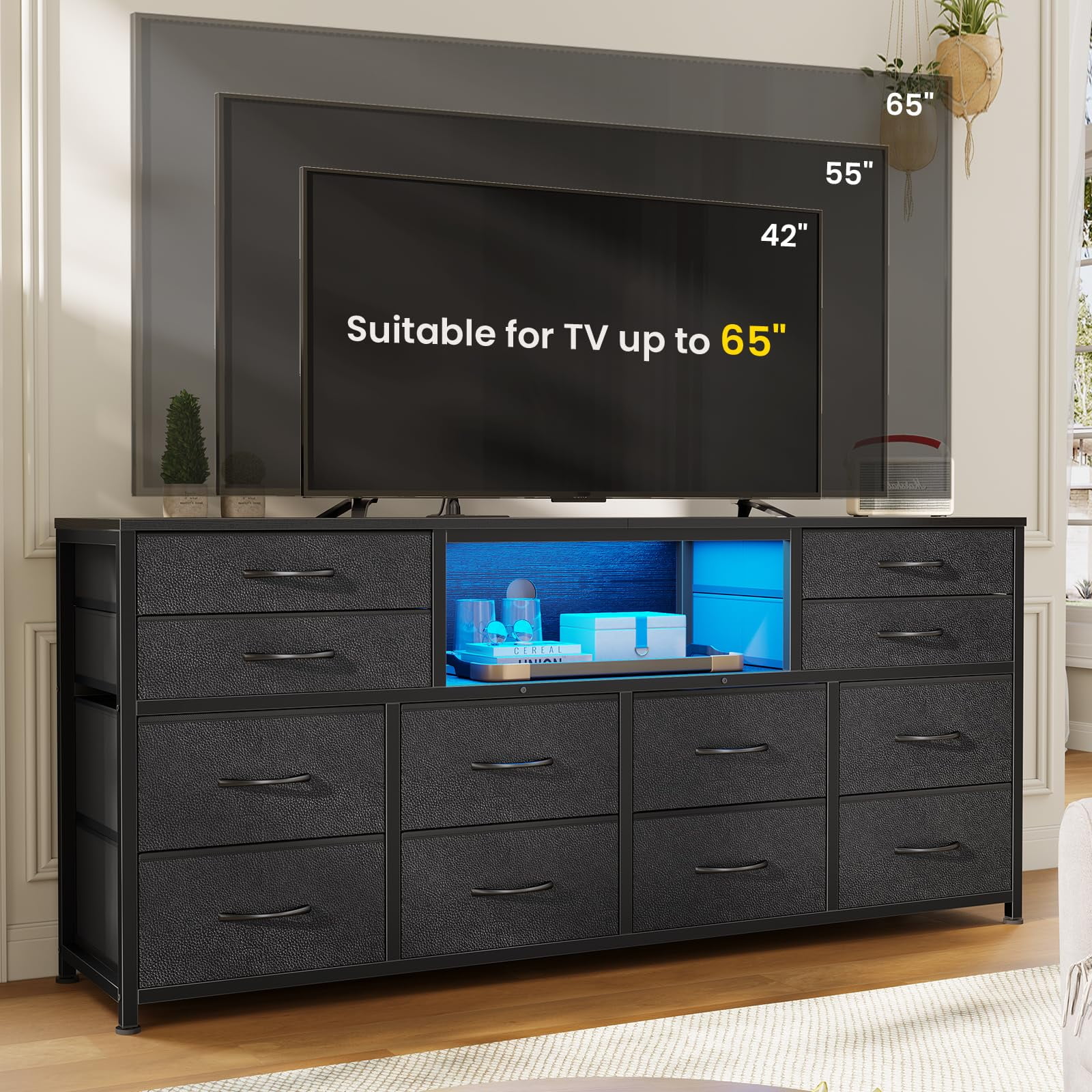 TV Stand Dresser for Bedroom with LED Light, Power Outlets,12 Drawers, Console Table for 32/45/55/65 inch TVs,55 inch Entertainment Center,Black PU