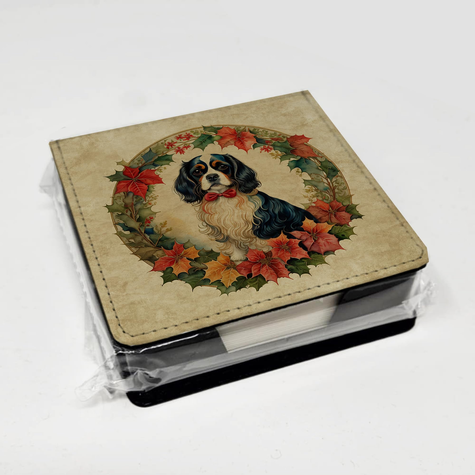 Caroline's Treasures Cavalier Spaniel Christmas Flowers PU Leather Note Paper Holder with Artist-Designed Cover, Desk Accessory, Office Gift