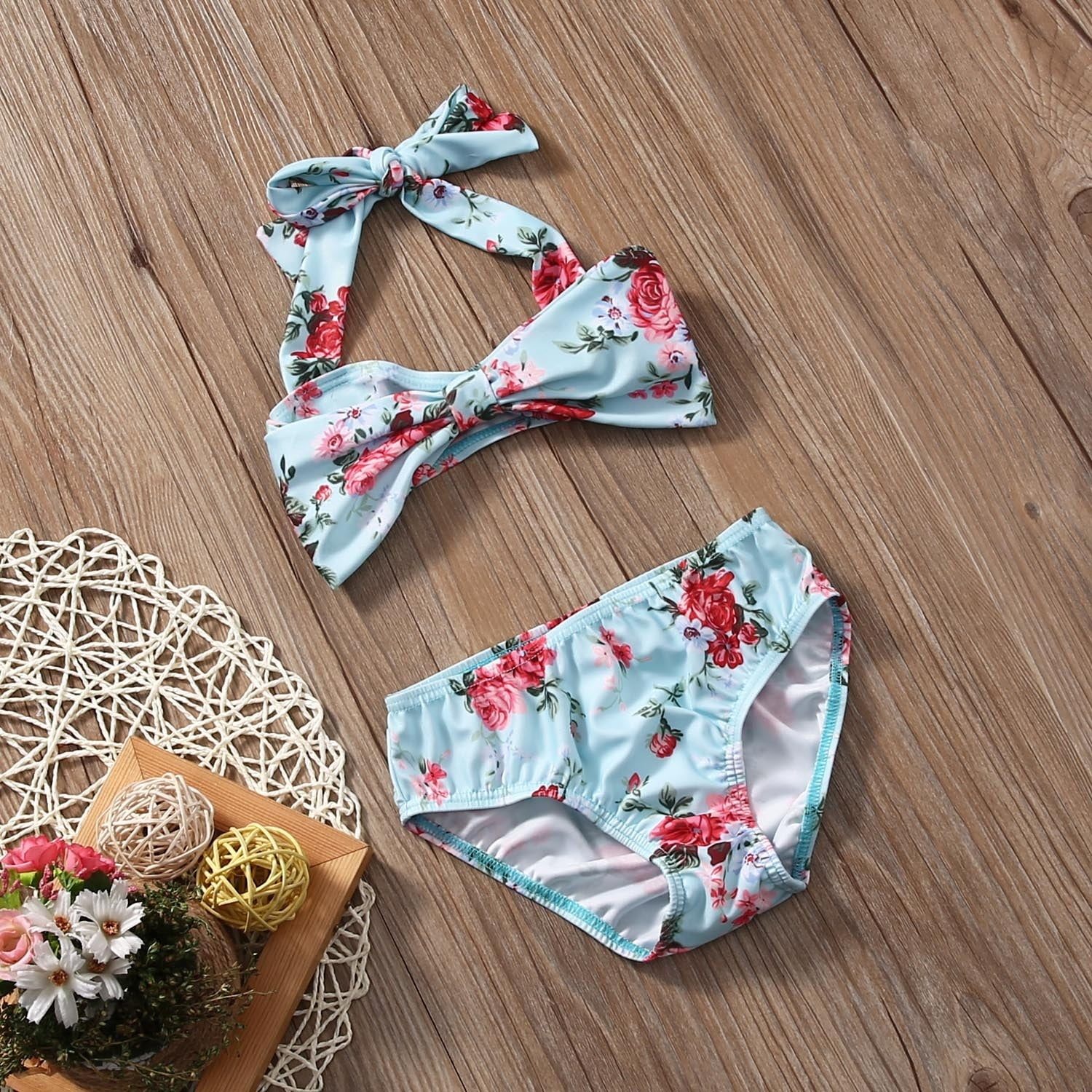 2Pcs Baby Girls Halter Bowknot Tube Top+Floral Short Bottoms Bikini Bathing Suit Swinwear Floral, 0-6Months