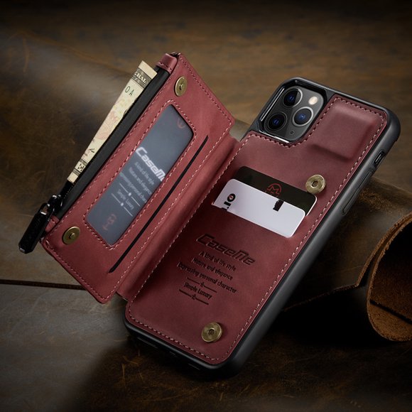 CaseMe Back case Card Slot Retro Matte Synthetic Leather Wallet Zipper Stand Cover for iPhone 13 (Wine Red)