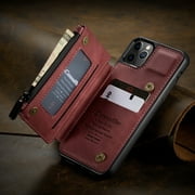 CaseMe Back case Cover Card Slot Retro Matte Synthetic Leather Wallet Zipper Stand Cover for iPhone 12 (Wine Red)