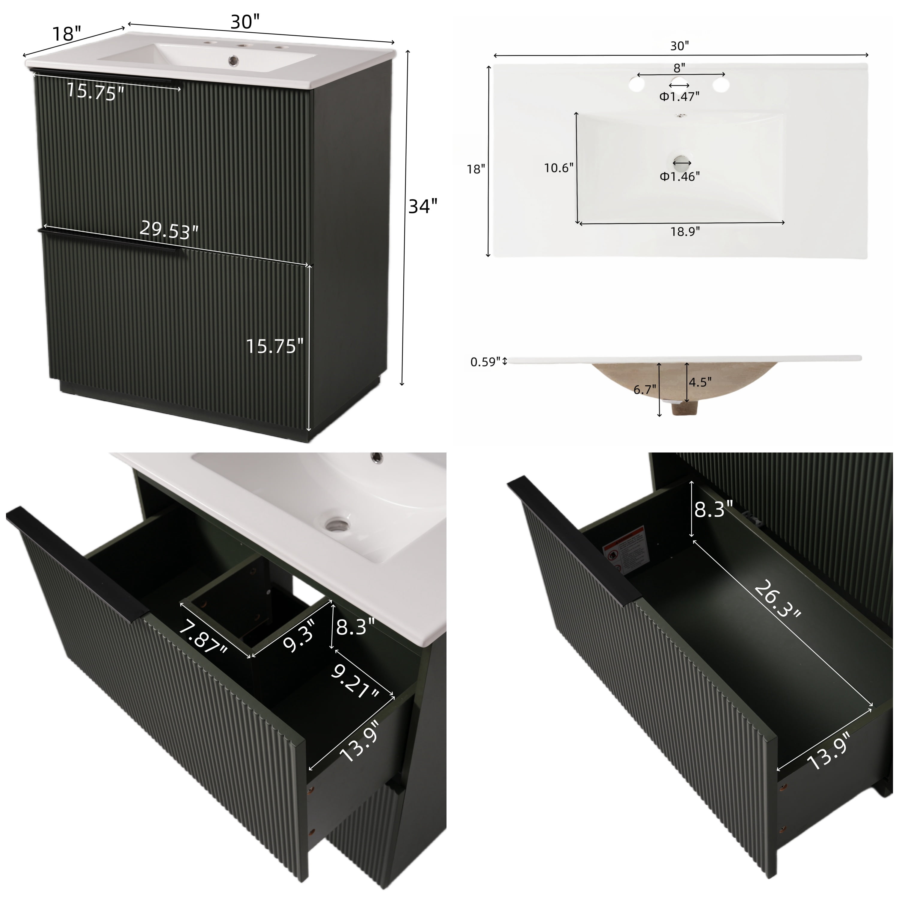 Euroco 30" Bathroom Vanity with Ceramic Sink and Full-Extension Drawers, Soft Close Undermount Drawer Slides, Fluted Design, Green