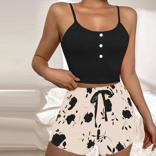 Puntoco Conjunto de pijama cómodo para mujer, camisola de color liso para mujer, pantalones cortos, traje de encaje, ropa informal para el hogar