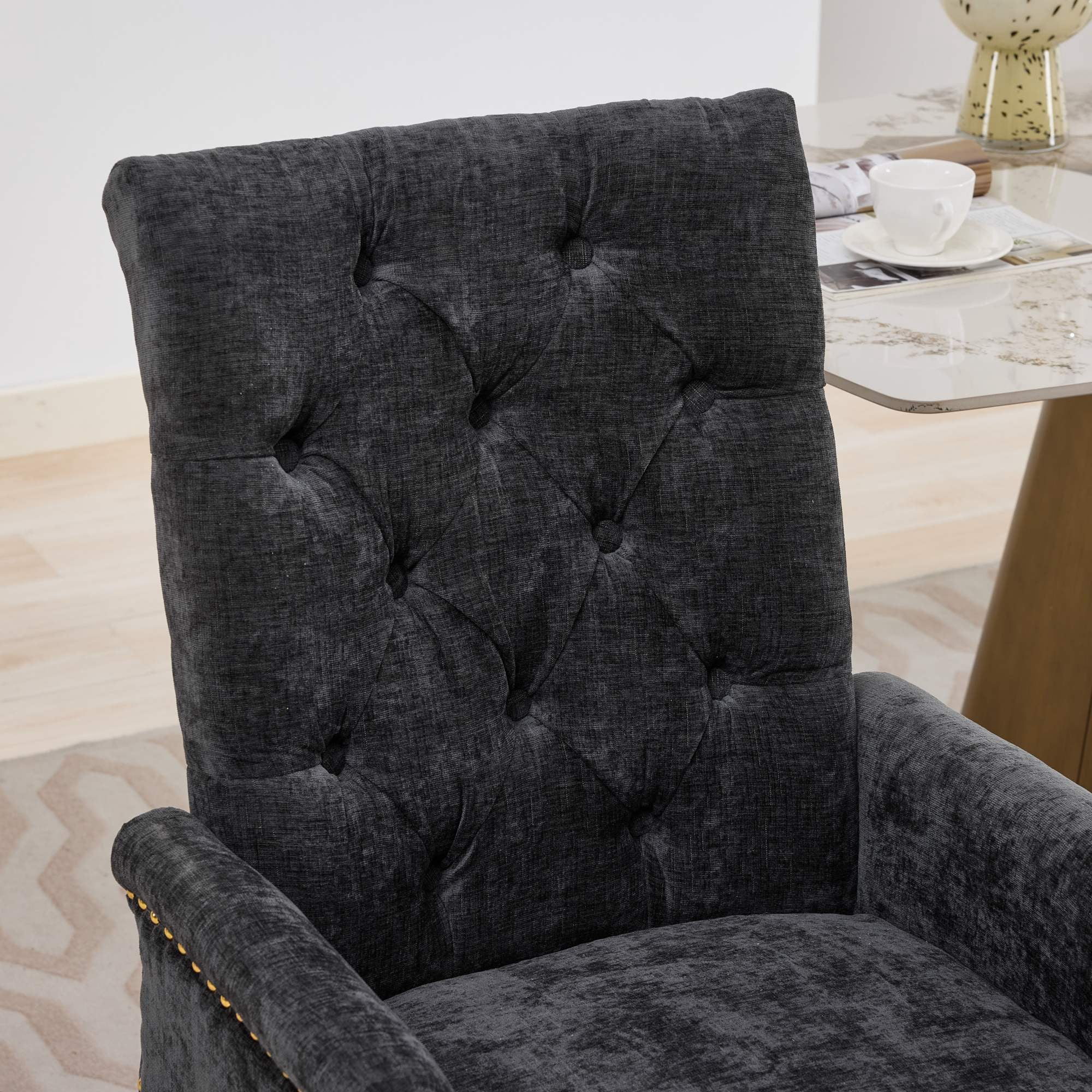Upholstered Dining Chairs with Arms, Tufted Button High‑Back Accent Chair, Handcrafted Nailhead Trim Dining Side Chair with S‑Spring Cushion & Stainless Steel Legs, Set of 1,Black,SW1695BK