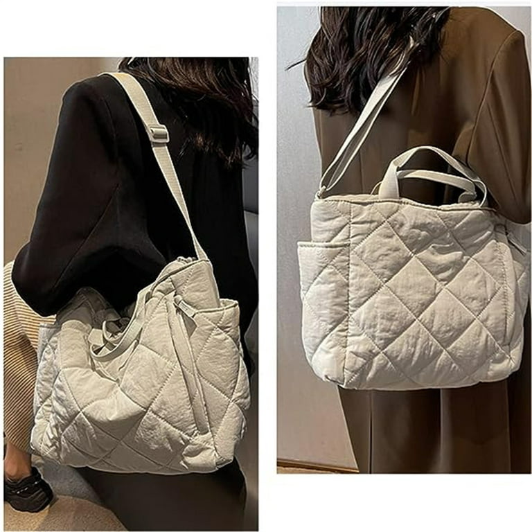 Quilted Tote Bag Handbag Lightweight Padding Shoulder Bag Multiple Pockets  Nylon Crossbody Bag-Black 
