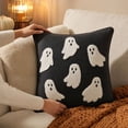 thumbnail image 3 of Leutsin Halloween Tufted Ghost Throw Pillow, 18 x 18 Inch Black Corduroy Plush Cushion with White Ghosts Embroidery for Home Decor, Hidden Zipper Soft Decorative Pillow for Halloween Couch Bed, 3 of 6