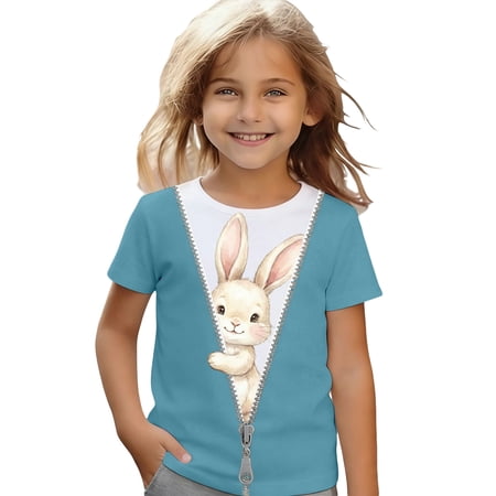 Valora Little Kid Girls Casual Top for Toddlers and Kids Featuring Adorable Bunny Graphic - Playful Everyday Tee for 3-13 Years Old Comfortable Daily Wear Sky Blue 8-9 Years