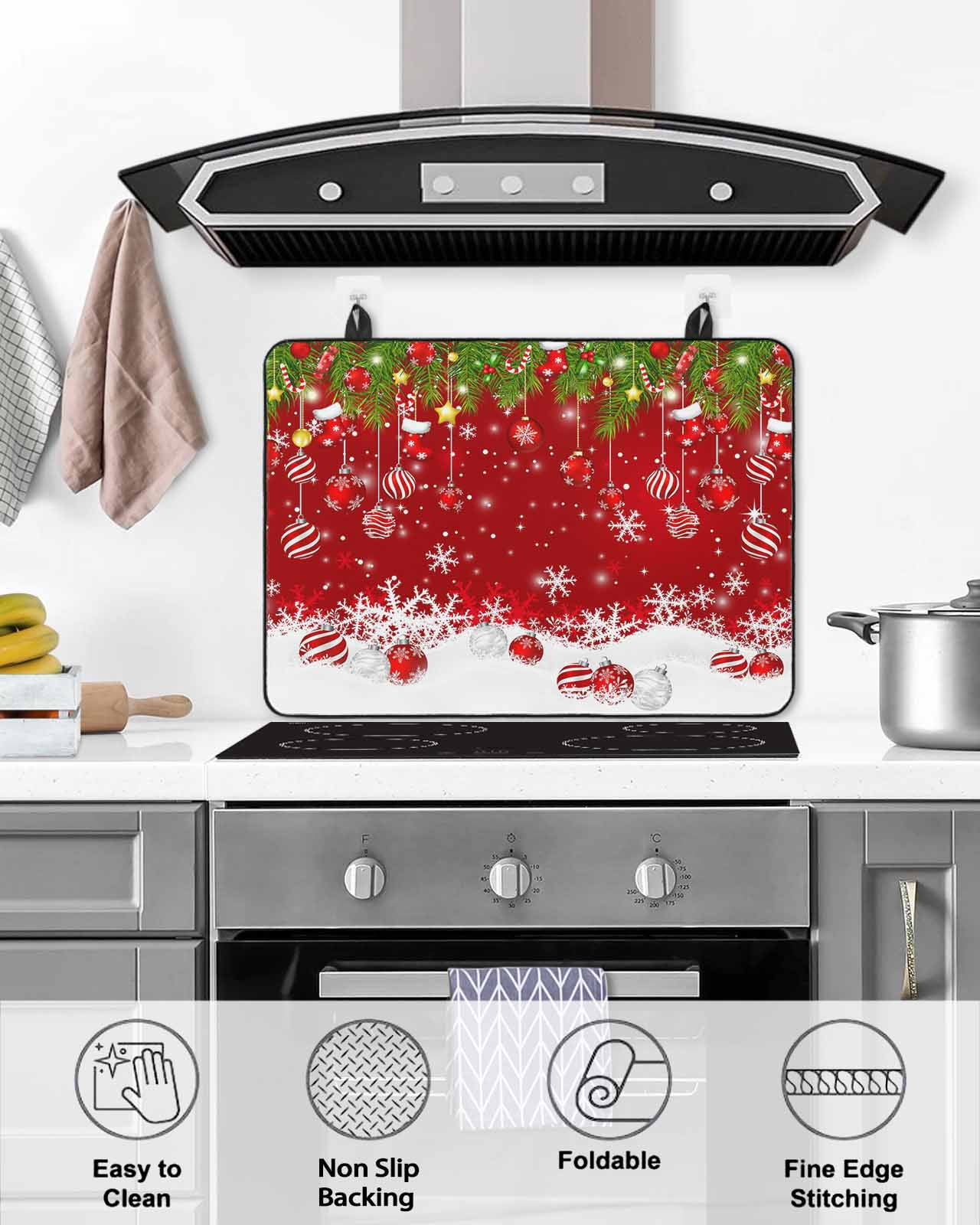Large Induction Cooktop Protector Mat Christmas Stove Top Covers for Electric Stove, Red Xmas Weeping Balls Green Branches Snowflakes Decorative Stove Burner Cover Mats, Glass Top Stove Cover