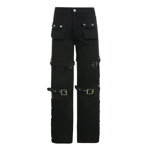 Pantalones cargo punk de pierna ancha y recta para mujer - Ropa gótica urbana, bolsillos