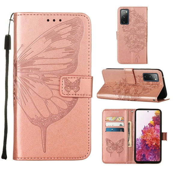 Mantto Samsung S20 FE Case, Magnetic Folio Butterfly Patterned Wallet Case, PU Leather with Wrist Strap Credit Card Holder Slots Kickstand Protective Cover For Samsung Galaxy S20 FE, Rosegold