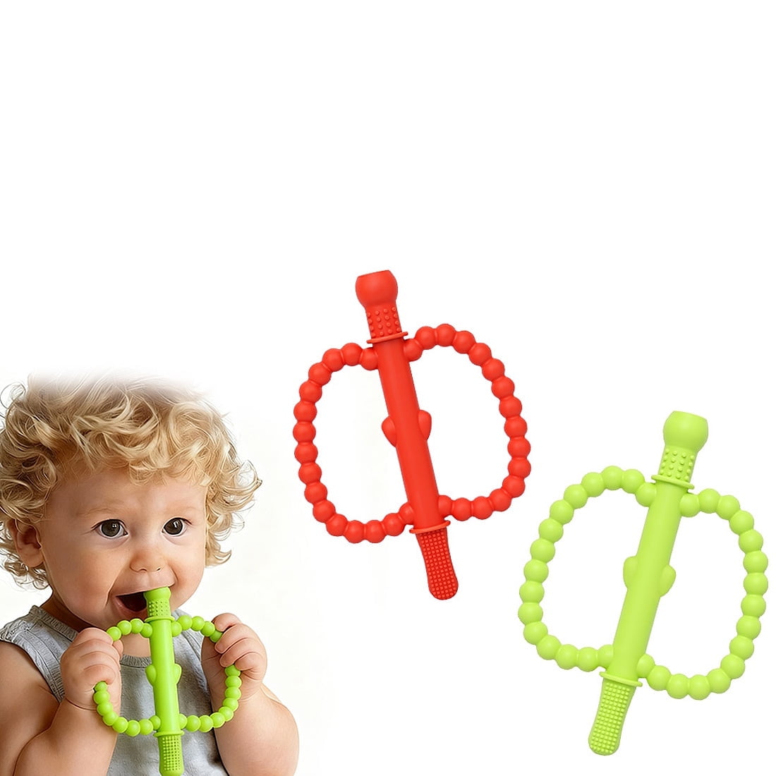 2 Pcs Red + Green Baby Silicone Teethers for 0-12 Months Baby Teethering Rings BPA Free Baby Chew Toys Apple Shape Teether Neutral Newborn Gift