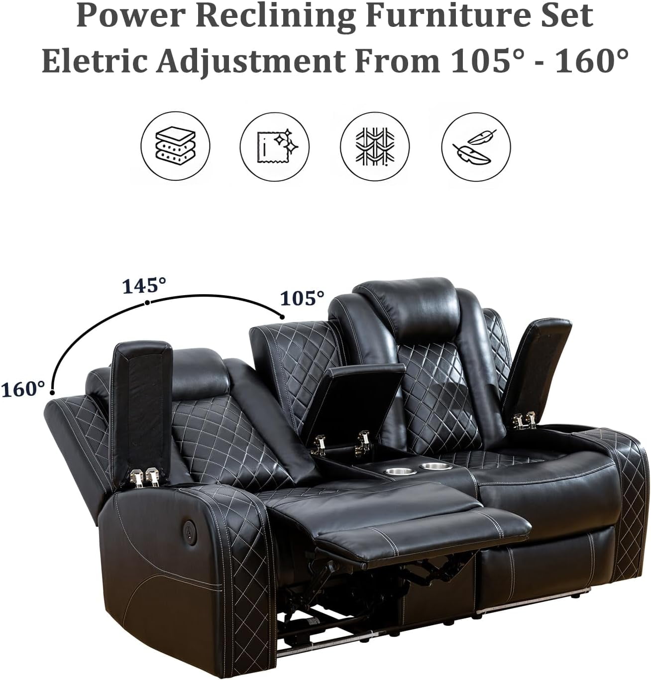 PonLiving Leather Power Recliner Sofa Set LED Lights USB Chargers Black Leather Living Room Furniture SOFA
