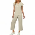 thumbnail image 3 of VBTAPA Two Piece Sets for Women Summer Outfits Lounge Sets V Neck Tops Wide Leg Pants Vacation Travel Outfits Beige S, 3 of 7
