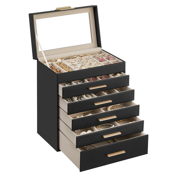 SONGMICS Caja de Joyas, Caja Joyero de 6 Niveles, para Gafas de Sol, Joyas Grandes, Tapa de Cristal, 5 Cajones, Negro Grafito y Dorado