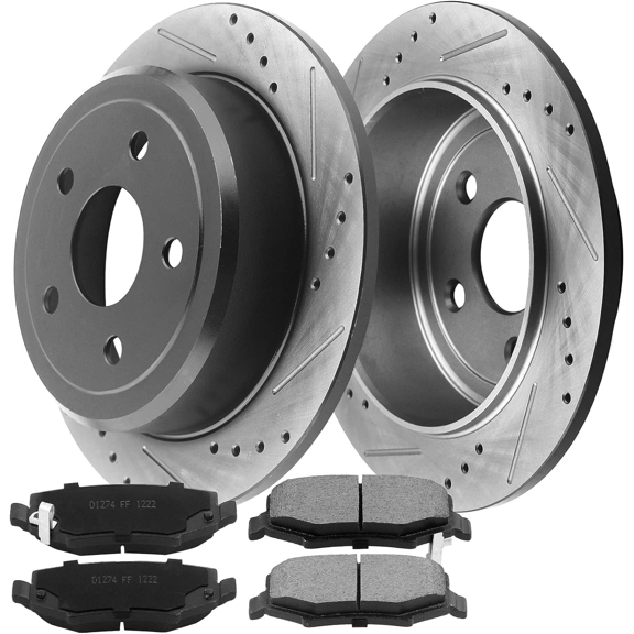 MotorbyMotor 316mm Rear Brake Kit Rotors and Ceramic Pads Fits for 2007-2017 Jeep Wrangler, 2018 Jeep Wrangler JK E-Coating Drilled & Slotted Disc Brake Rotor & Brake Pad 120.67067, 53041