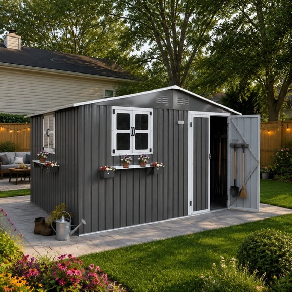 Aukfa 10x8 FT Outdoor Storage Shed with Lockable Doors&Flower Rack, Metal Garden Shed for Bike/Generator/Tool Storage, Gray