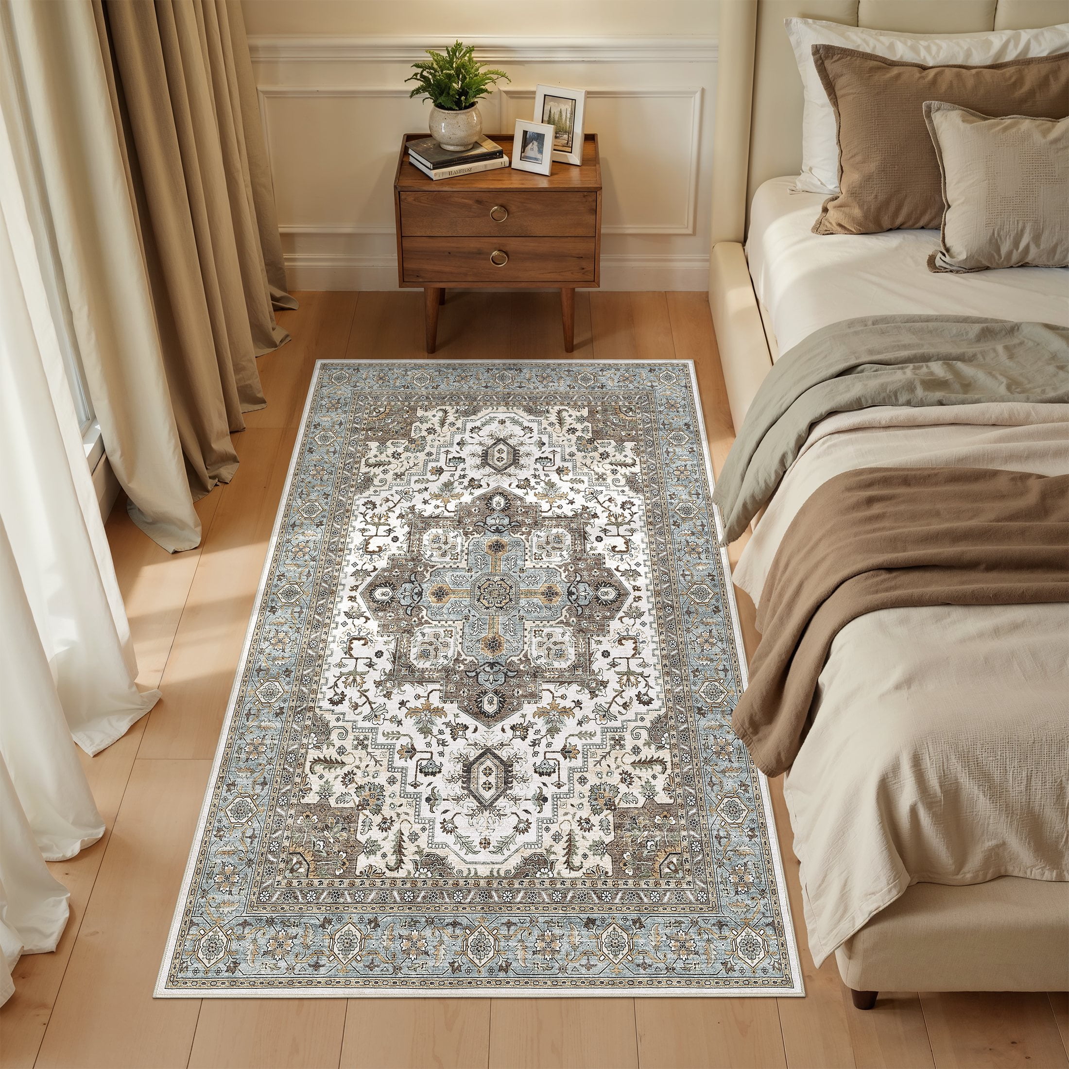UERMEI 3'x5' Area Rugs, Non-slip Washable Vintage Throw Rugs Carpet for Entrance Entryway Bedroom Laundry Room, Low Pile Indoor Rug Floral Rug Home Decor Carpet, Blue Brown