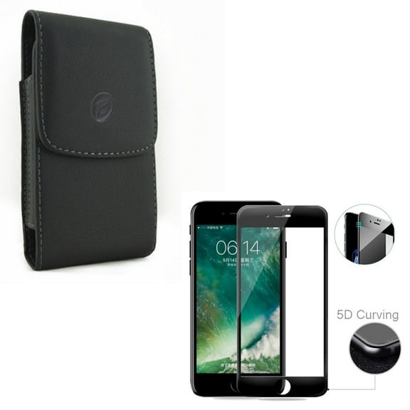 Compatible With iPhone 8 7 6S 6 - Black PU Leather Case w 5D Tempered Glass Screen Protector