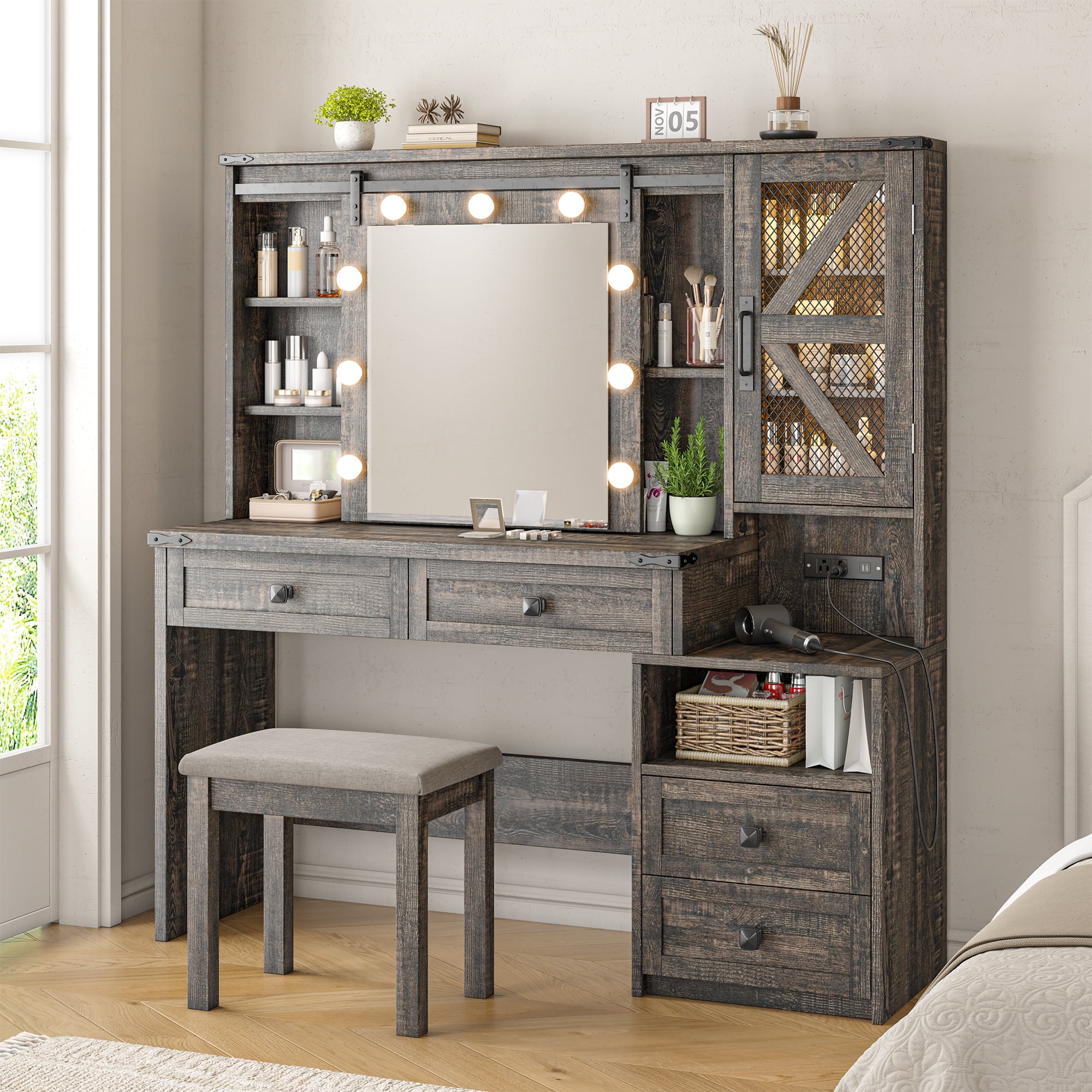 Vanity Set with Mirror and Lights Vanity Desk with 4 Wooden Drawers & 3-Tier Storage Shelf & Charge Station Farmhouse Vanity Dressing Table for Girl, Stool Not Included, Dark Rustic Oak