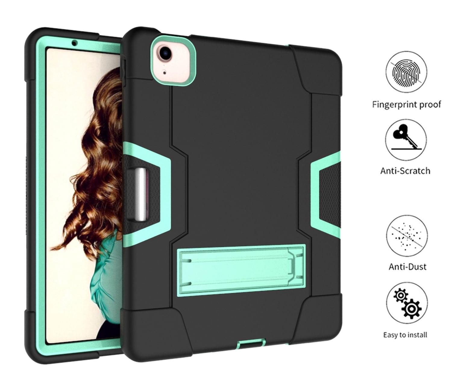 Allytech iPad Air 5 Case 2022, iPad Air 4 Case 2020, Heavy Duty Protection Shockproof Build In Kickstand Pencil Holder Kids Friendly Case for Apple iPad Air 5th 4th Generation, BlackBlack/Aqua