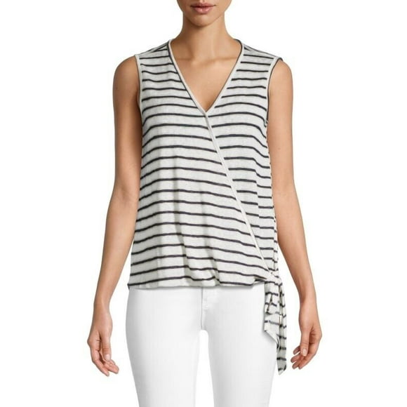 BOBEAU women's L Faux Wrap Side Tie Tank In White/navy/taupe sleeveless v neck