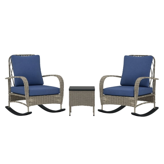 Wicker Patio Furniture Set 3 Piece, Outdoor Rocking Chairs with Table, Cushions for Porch, PE Rattan Bistro Set, Gray