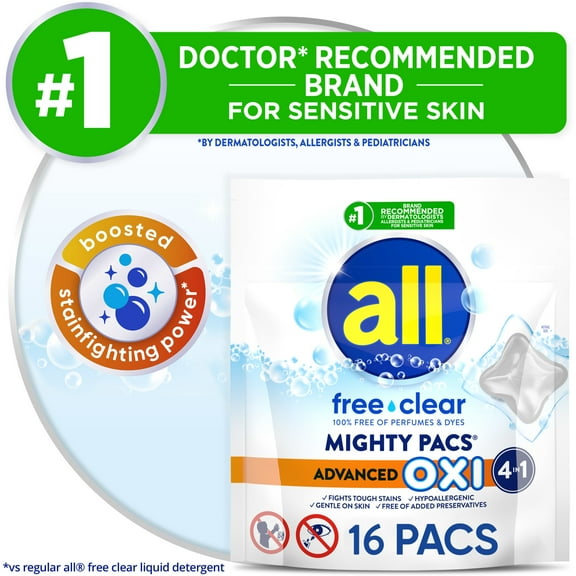 all Laundry Detergent Pacs, Mighty Pacs with OXI Stain Removers and Whiteners, Free Clear, Unscented and Dye Free, 16 Count