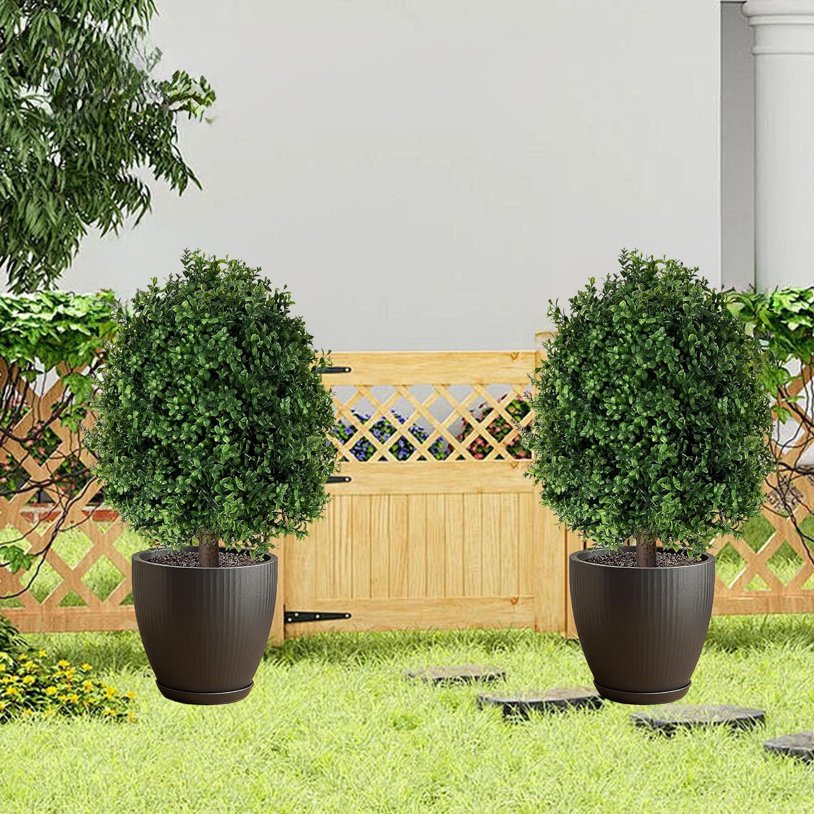 Tuscom 24in Artificial Boxwood Topiary Ball, Fake Outdoor Plants with Ground Stake for Garden Yard Decor, Realistic Faux Shrub for Porch Indoor Potted Greenery