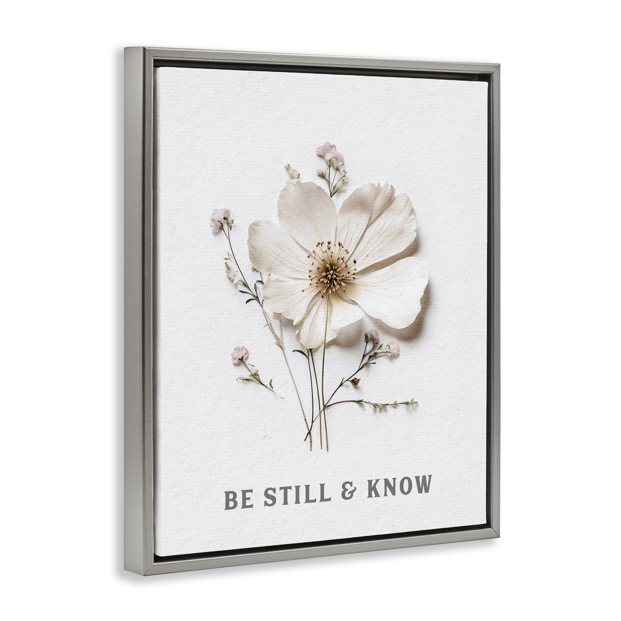 Be Still & Know Pressed Flowers Gray Framed Floater Canvas Wall Art, design by Lettered and Lined