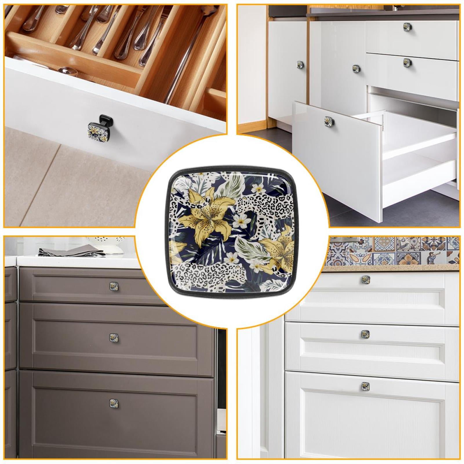 4 Pcs Cabinet Handle Drawer Pulls Tropical Leaves Floral Knobs with Screws Square Furniture Office Cabinet Knob Decoration