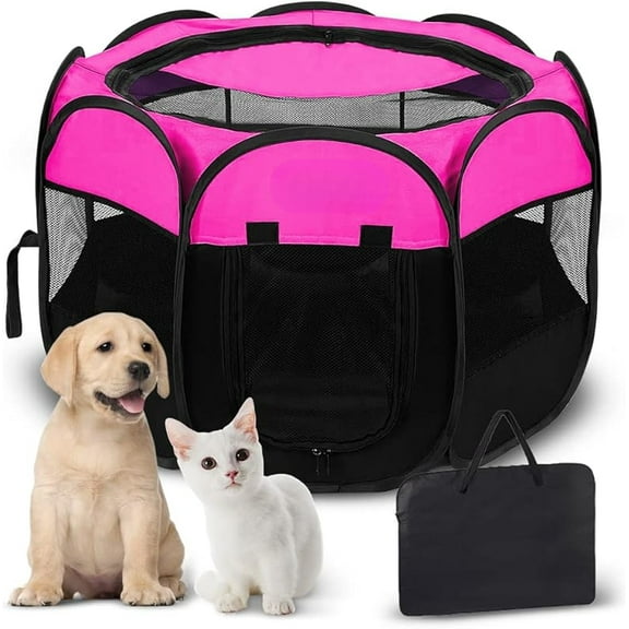 Pet Cat Playpen for Indoor Cats Enclosed, Portable Foldable Dog Playpen Outdoor Tent Crate Cage with Zipper Top Cover Door for Kitten Puppy Outside Rv Car Camper (Small Size, Pink)