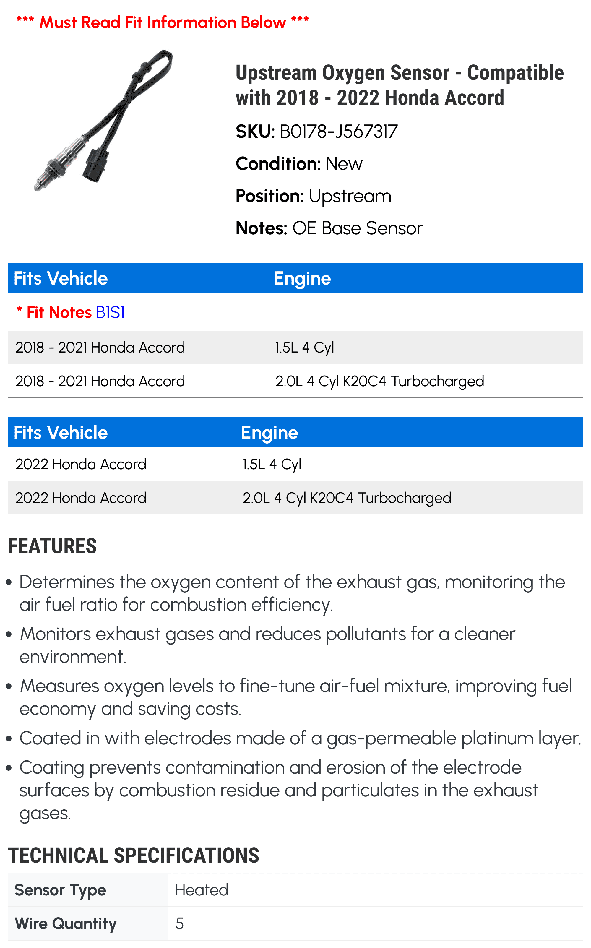Upstream Oxygen Sensor - Compatible with 2018 - 2022 Honda Accord 2019 2020 2021