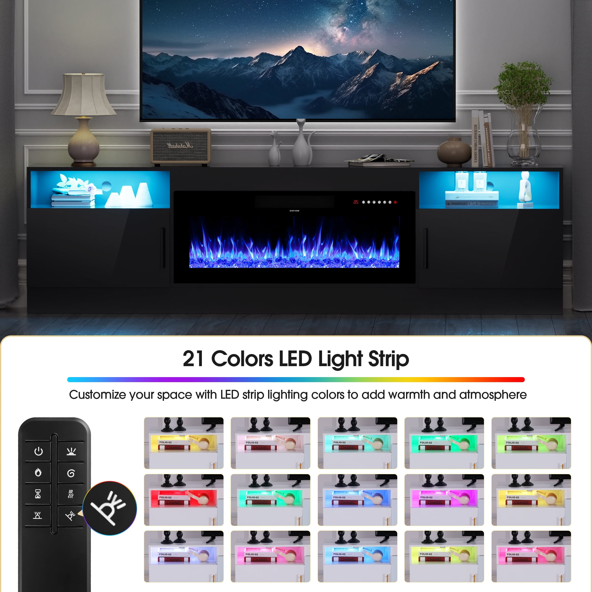 HARIPUL 80” TV Stand with 36" Electric Fireplace for TVs Up to 90 inch, LED Light Entertainment Center with High Gloss Door, Modern Media Console Cabinet for Living Room