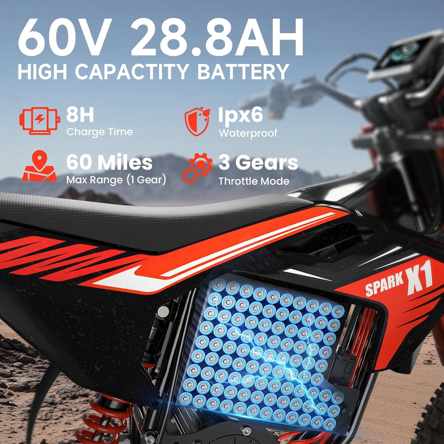 Qronge Electric Dirt Bike for Adults 50 mph 4500W Peak Motor X1 Spark E-Bike up to 60Miles Range 14"/12" Fat Tire off Road Ebike with 60V 28.8AH Battery Full Suspension Mountain E Bike, UL2849 by SGS