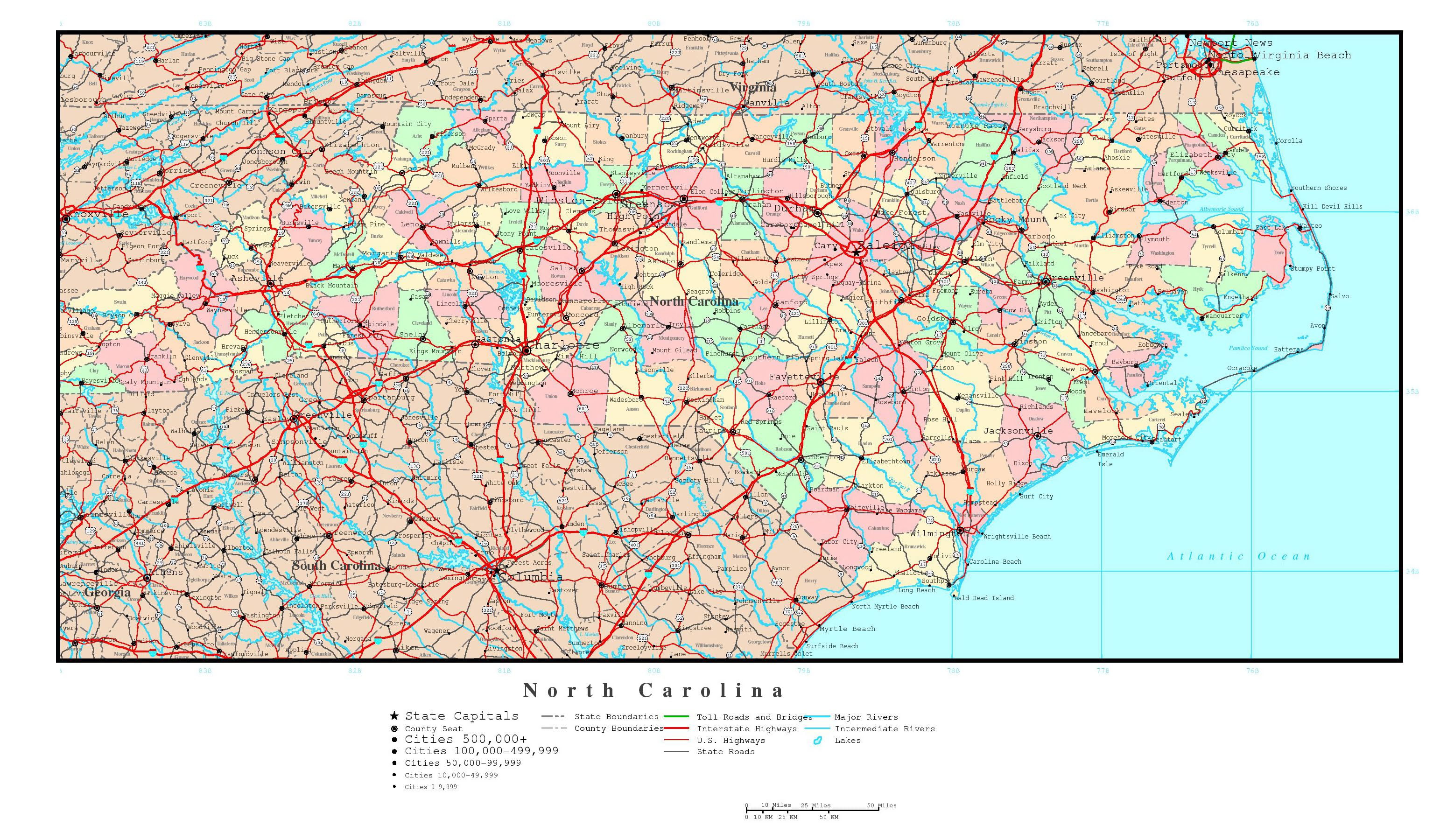 Laminated Map Large Detailed Old Administrative Map Of North Carolina ...