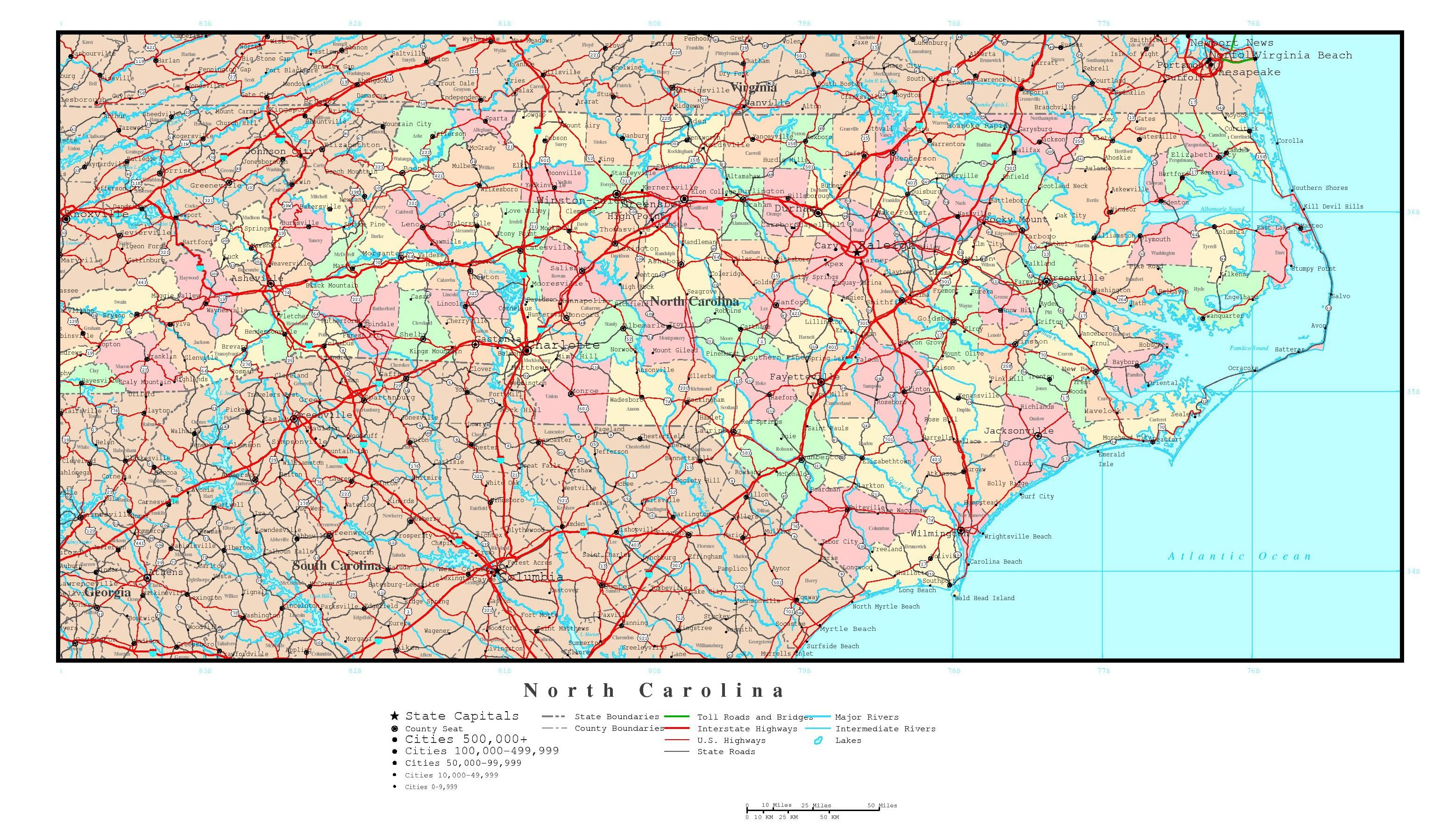 Laminated Map Large Detailed Administrative Map Of North Carolina